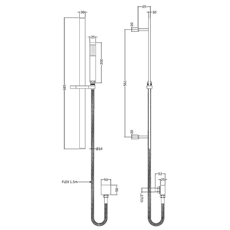 Nuie Shower Kits Square Slider Rail Kit with Elbow (1 size, 4 colours) - Brand New Bathrooms