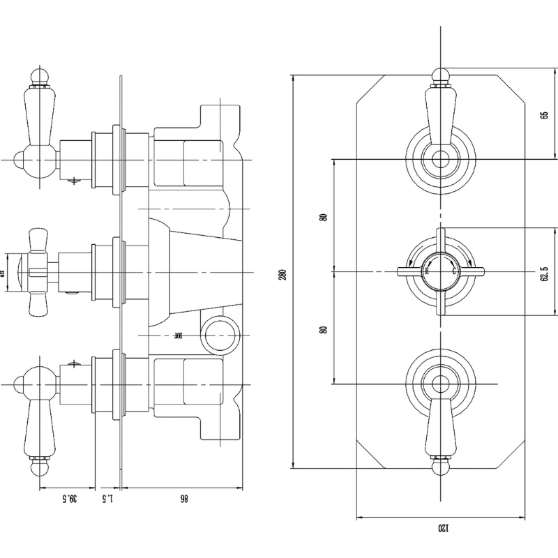 Nuie Edwardian Triple Thermostatic Shower Valve (1 size, Chrome) - Brand New Bathrooms