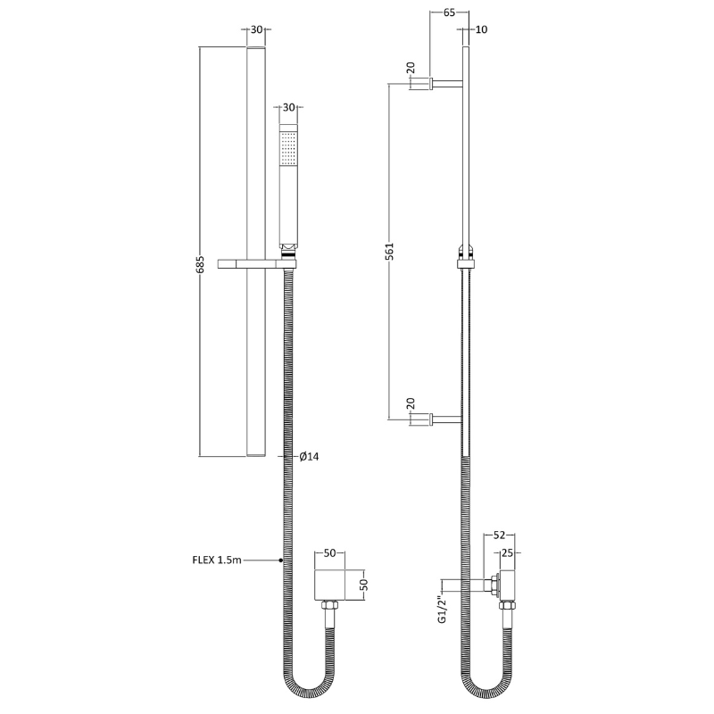 Nuie Shower Kits Square Slider Rail Kit with Elbow (1 size, 4 colours) - Brand New Bathrooms