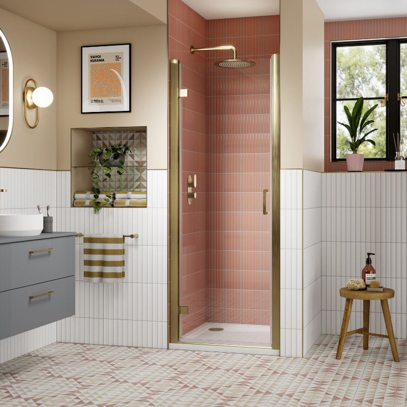 Nuie Lucie Hinged Shower Door (2 sizes, 3 colours) - Brand New Bathrooms