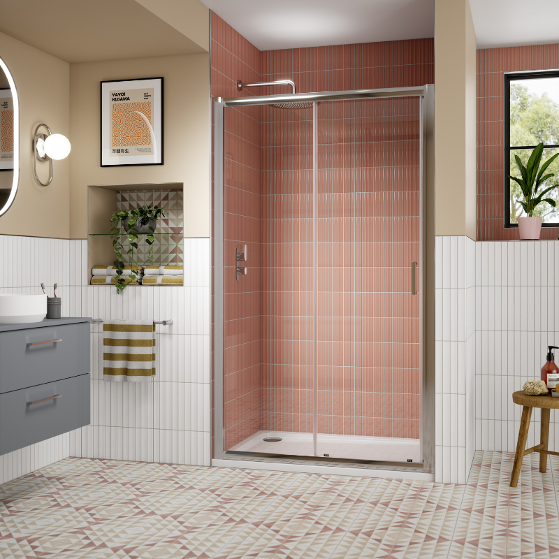 Nuie Lucie Sliding Shower Door (3 sizes, 3 colours) - Brand New Bathrooms