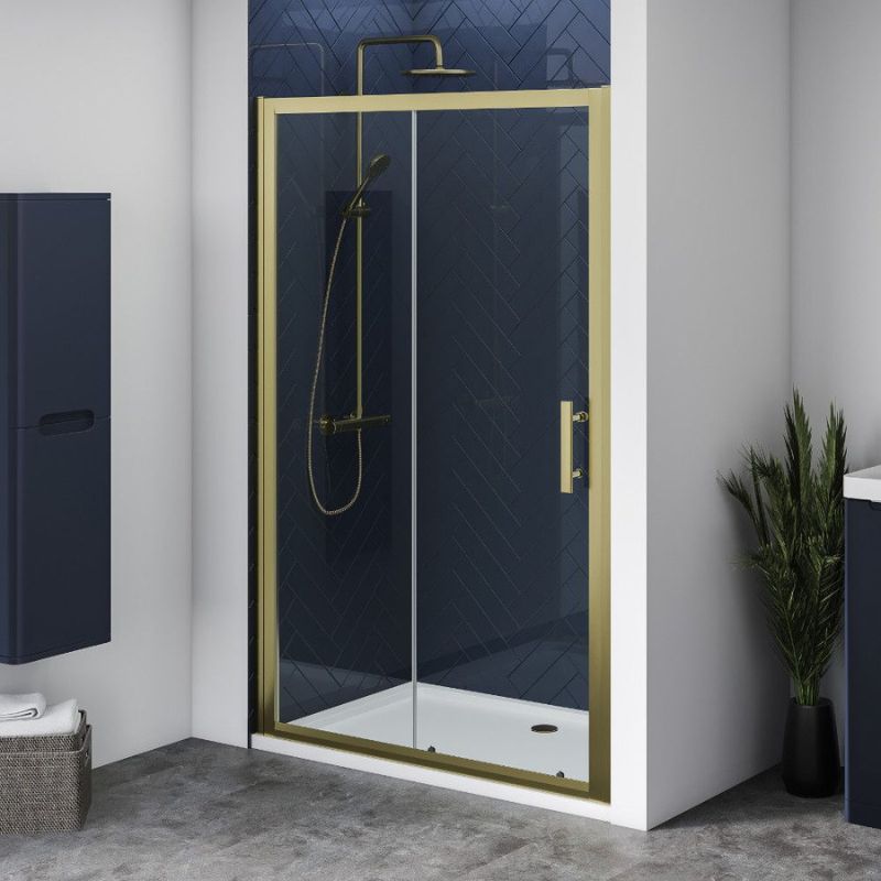 Aqua i 6 Single Sliding Shower Door (8 sizes, Brushed Brass) - Brand New Bathrooms