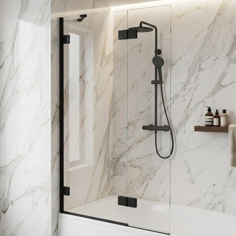 Brand New Bathrooms 6mm 2 Piece Hinged Universal Bath Screen (1 size, Black, Silver) - Brand New Bathrooms