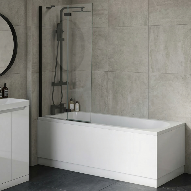 Brand New Bathrooms 2 Piece Hinged Universal Bath Screen (1 size, Black, Chrome) - Brand New Bathrooms