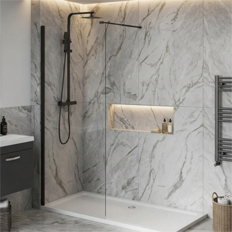 Brand New Bathrooms 8mm Black/Clear Wetroom Panels (16 sizes, Black) - Brand New Bathrooms