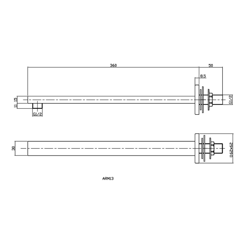 Nuie Rectangular Fixed Shower Heads Wall-Mounted Arm (2 sizes, 4 colours) - Brand New Bathrooms