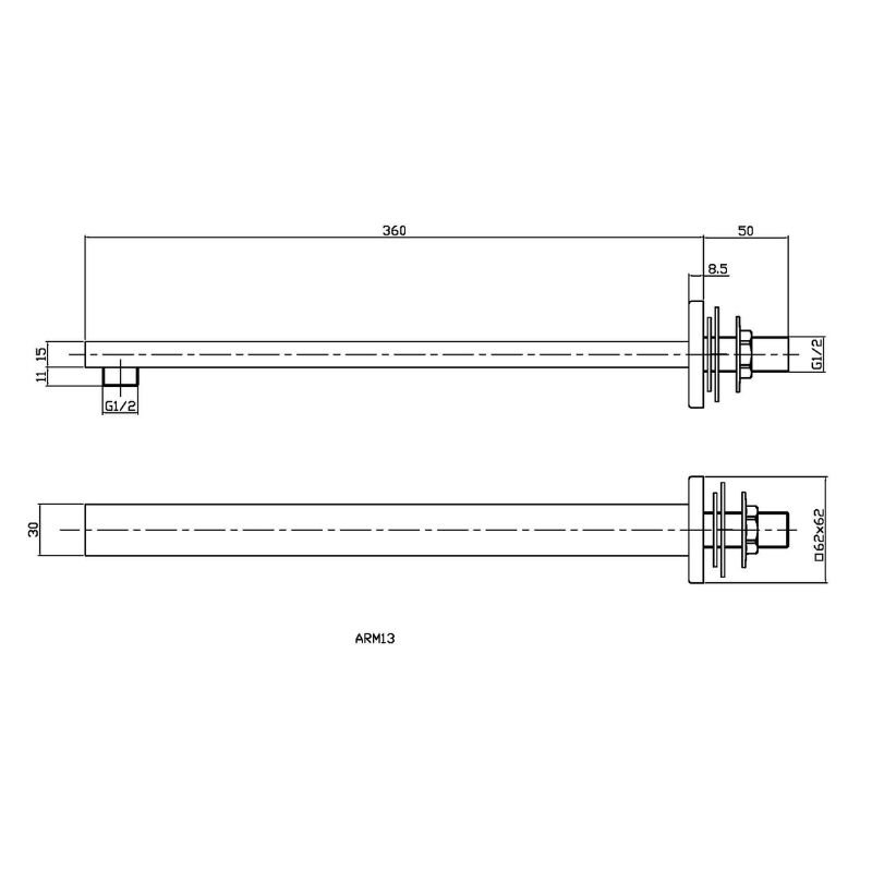 Nuie Rectangular Fixed Shower Heads Wall-Mounted Arm (2 sizes, 4 colours) - Brand New Bathrooms