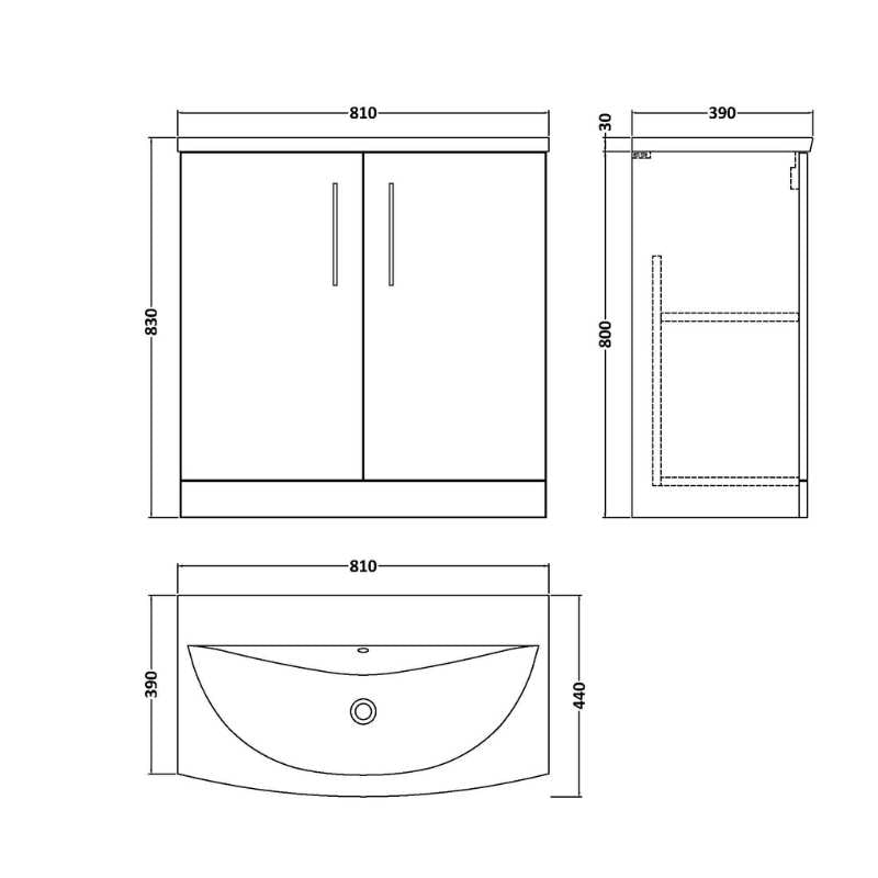 Nuie Arno Floor Standing 2-Door Vanity & Curved Basin (1 size, 9 colours) - Brand New Bathrooms