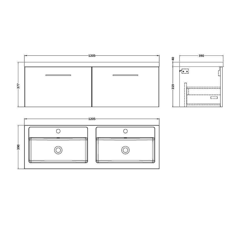 Nuie Arno Wall Hung 2 Drawer Vanity & Double Basin (1 size, 9 colours) - Brand New Bathrooms