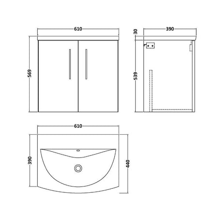 Nuie Arno Wall Hung 2-Door Vanity & Curved Basin (1 size, 8 colours) - Brand New Bathrooms