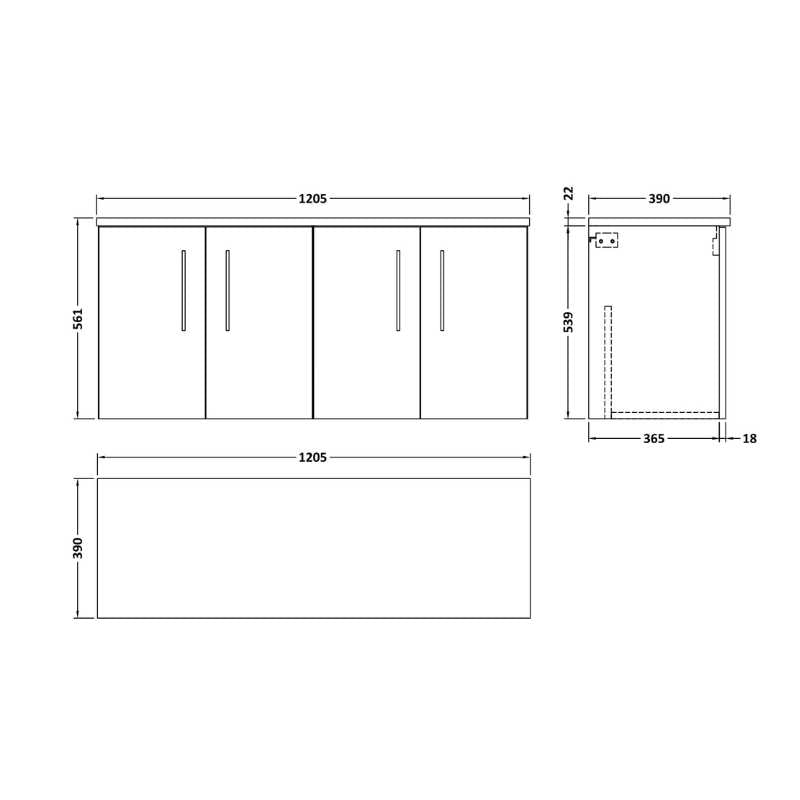 Nuie Arno Wall Hung 4-Door Vanity & Laminate Worktop (1 size, 8 colours) - Brand New Bathrooms