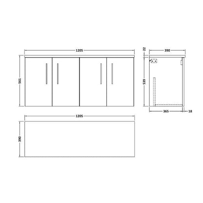 Nuie Arno Wall Hung 4-Door Vanity & Laminate Worktop (1 size, 8 colours) - Brand New Bathrooms