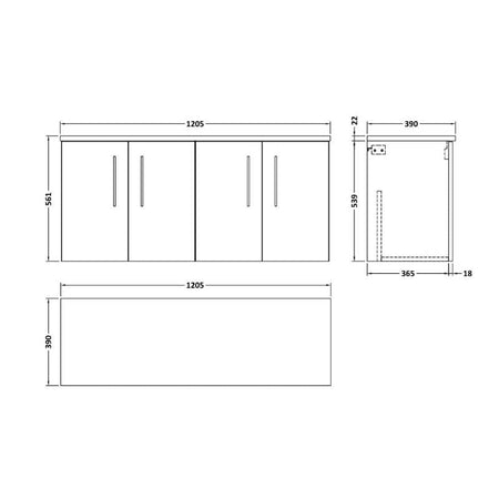 Nuie Arno Wall Hung 4-Door Vanity & Laminate Worktop (1 size, 8 colours) - Brand New Bathrooms