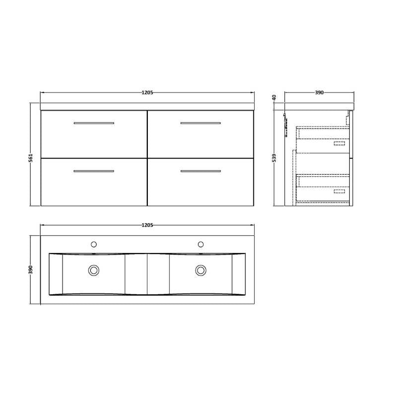Nuie Arno Wall Hung 4 Drawer Vanity & Double Basin (1 size, 9 colours) - Brand New Bathrooms