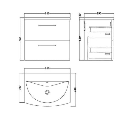 Nuie Arno Wall Hung 2 Drawer Vanity & Basin 4 (1 size, 9 colours) - Brand New Bathrooms