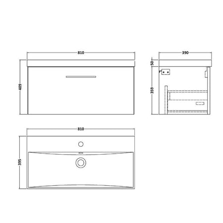 Nuie Arno Wall Hung 1 Drawer Vanity & Basin 3 (1 size, 9 colours) - Brand New Bathrooms