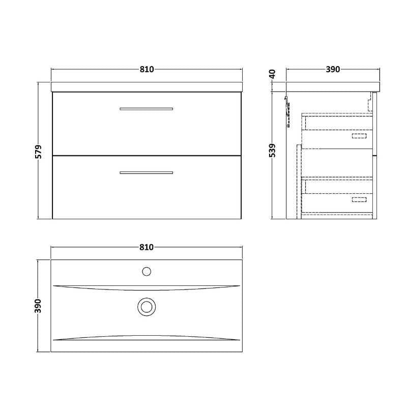 Nuie Arno Wall Hung 2 Drawer Vanity & Basin 1 (1 size, 9 colours) - Brand New Bathrooms