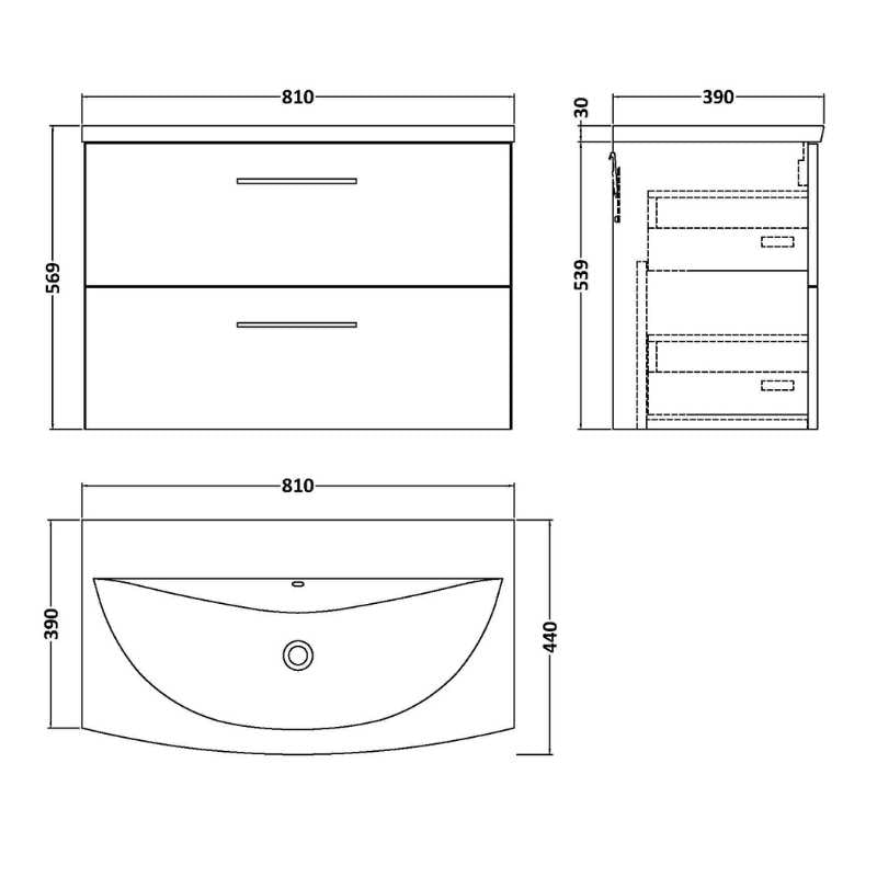 Nuie Arno Wall Hung 2 Drawer Vanity & Basin 4 (1 size, 9 colours) - Brand New Bathrooms