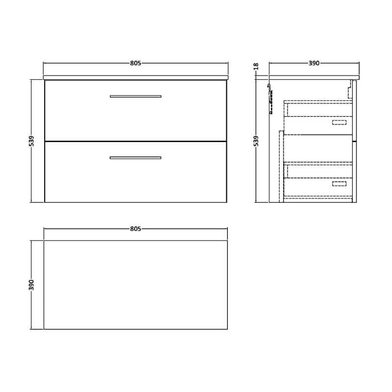 Nuie Arno Wall Hung 2 Drawer Vanity & Worktop (1 size, 9 colours) - Brand New Bathrooms