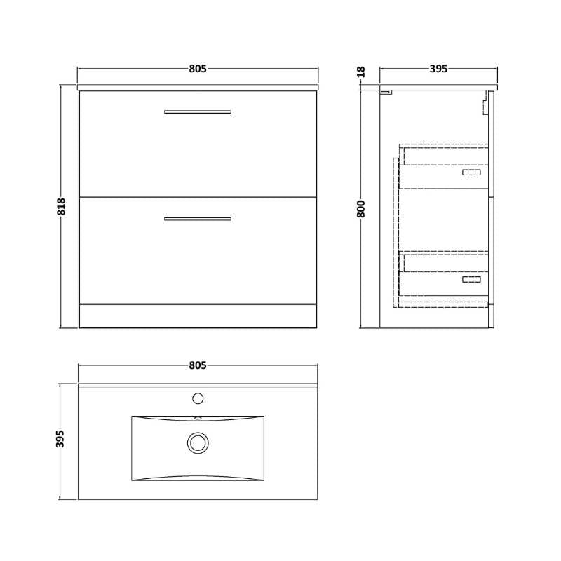 Nuie Arno Floor Standing 2 Drawer Vanity & Basin 2 (1 size, 8 colours) - Brand New Bathrooms