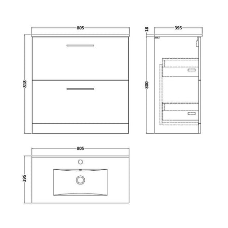 Nuie Arno Floor Standing 2 Drawer Vanity & Basin 2 (1 size, 8 colours) - Brand New Bathrooms