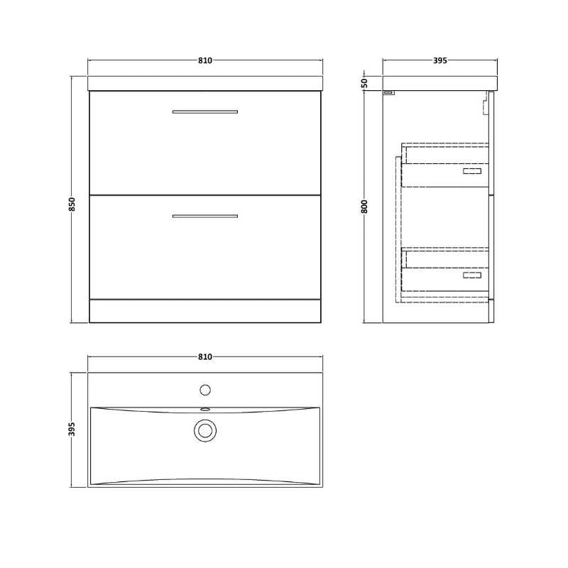 Nuie Arno Floor Standing 2 Drawer Vanity & Basin 3 (1 size, 9 colours) - Brand New Bathrooms