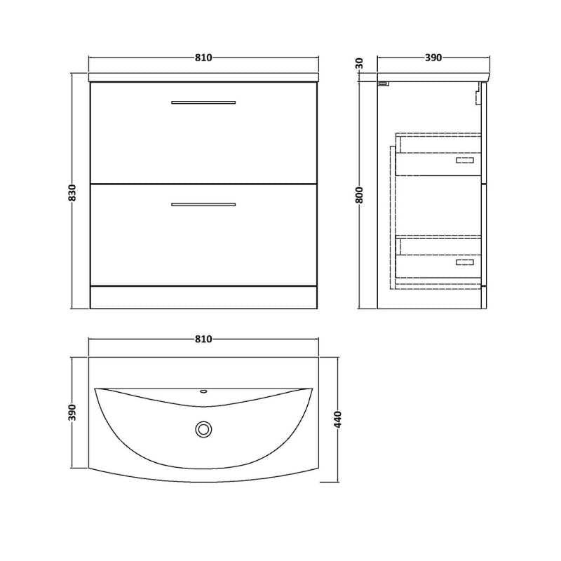 Nuie Arno Floor Standing 2 Drawer Vanity & Basin 4 (1 size, 9 colours) - Brand New Bathrooms