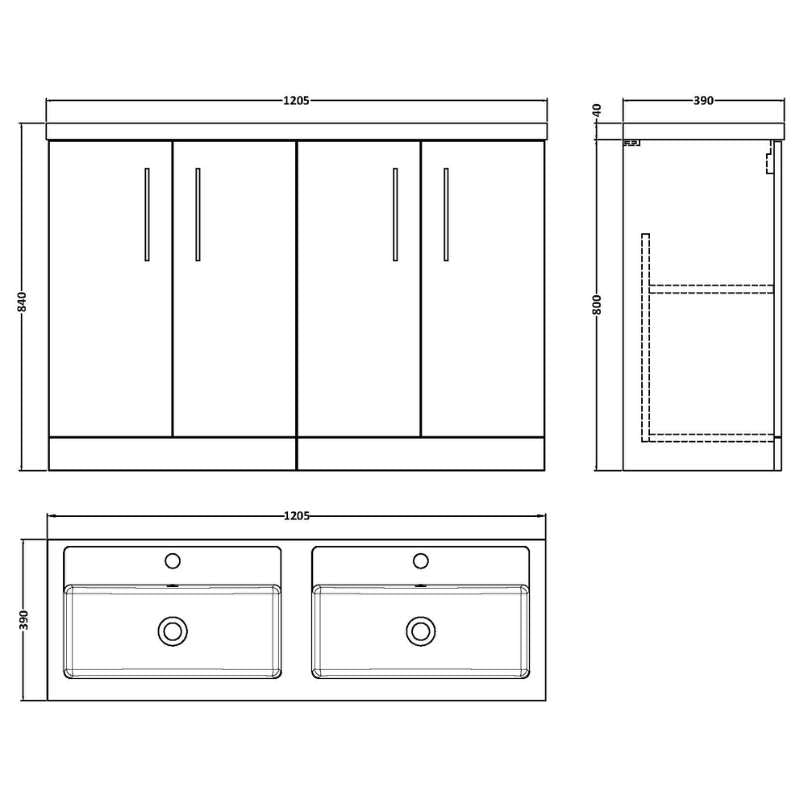 Nuie Arno Floor Standing 4 Door Vanity & Double Basin 1 (1 size, 9 colours) - Brand New Bathrooms