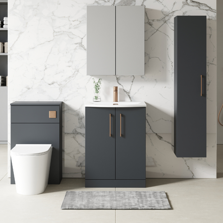 Nuie Arno Floor Standing 2 Door Vanity & Curved Ceramic Basin 4 (1 size, Soft Black) - Brand New Bathrooms