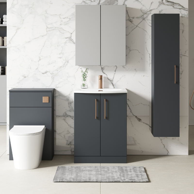Nuie Arno Floor Standing 2 Door Vanity & Curved Ceramic Basin 4 (1 size, Soft Black) - Brand New Bathrooms