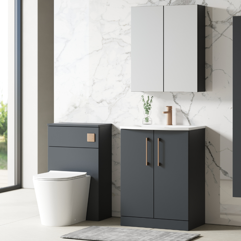 Nuie Arno Floor Standing 2 Door Vanity & Curved Ceramic Basin 4 (1 size, Soft Black) - Brand New Bathrooms