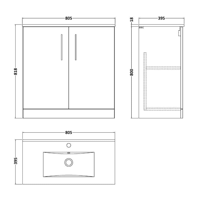 Nuie Arno Floor Standing 2-Door Vanity & Minimalist Basin (1 size, 9 colours) - Brand New Bathrooms