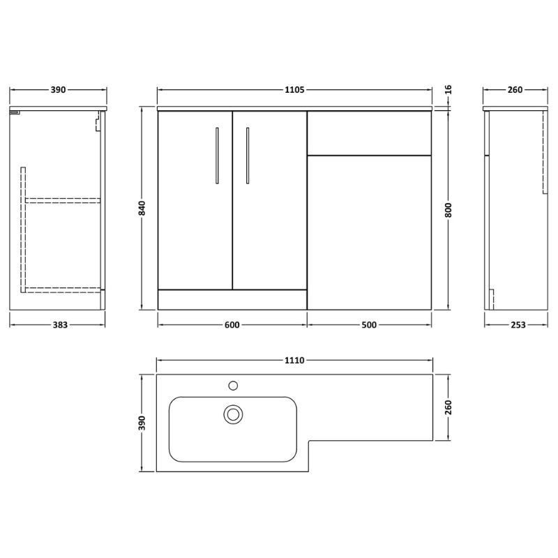 Nuie Arno Floor Standing 1100mm Left Hand Combination Vanity Unit (1 size, 2 style, Soft Black) - Brand New Bathrooms