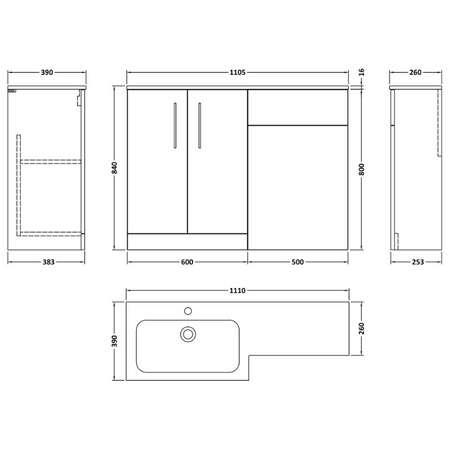 Nuie Arno Floor Standing 1100mm Left Hand Combination Vanity Unit (1 size, 2 style, Soft Black) - Brand New Bathrooms