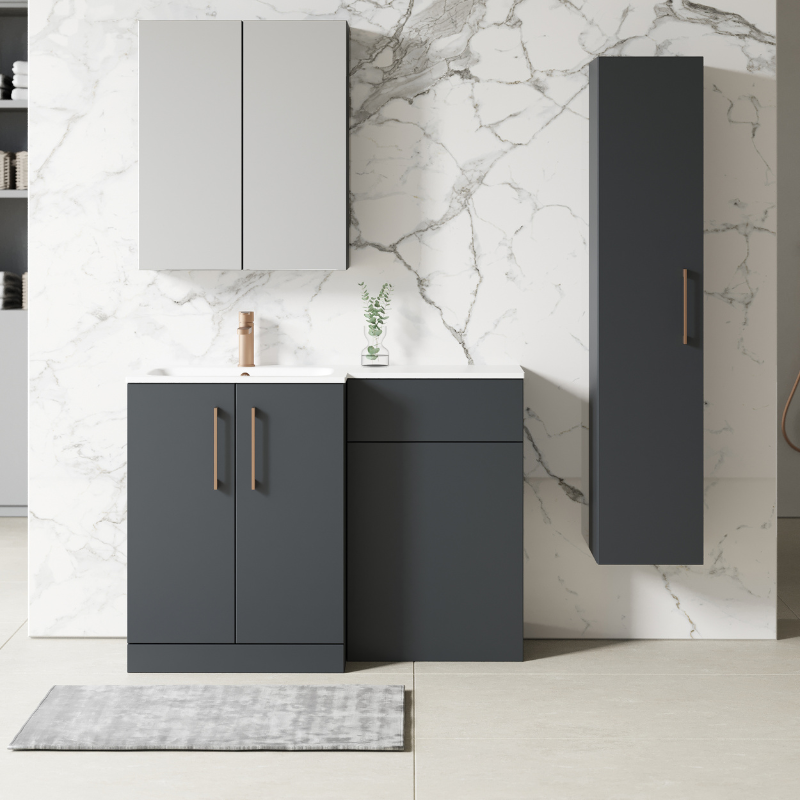Nuie Arno Floor Standing 1100mm Left Hand Combination Vanity Unit (1 size, 2 style, Soft Black) - Brand New Bathrooms