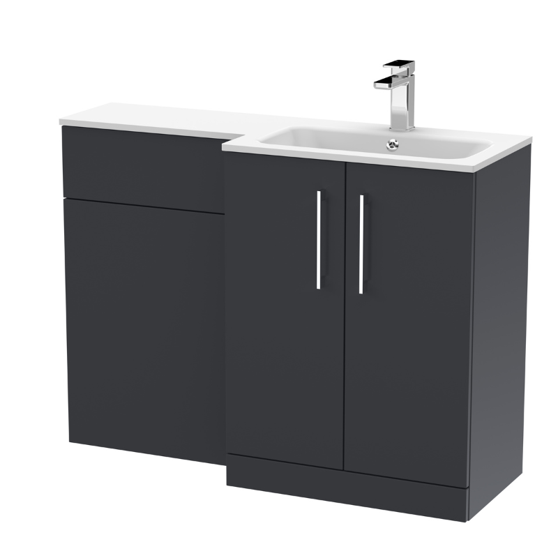Nuie Arno Floor Standing 1100mm Left Hand Combination Vanity Unit (1 size, 2 style, Soft Black) - Brand New Bathrooms