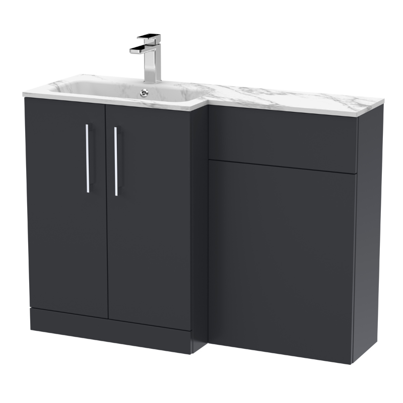 Nuie Arno Floor Standing 1100mm Left Hand Combination Vanity Unit (1 size, 2 style, Soft Black) - Brand New Bathrooms