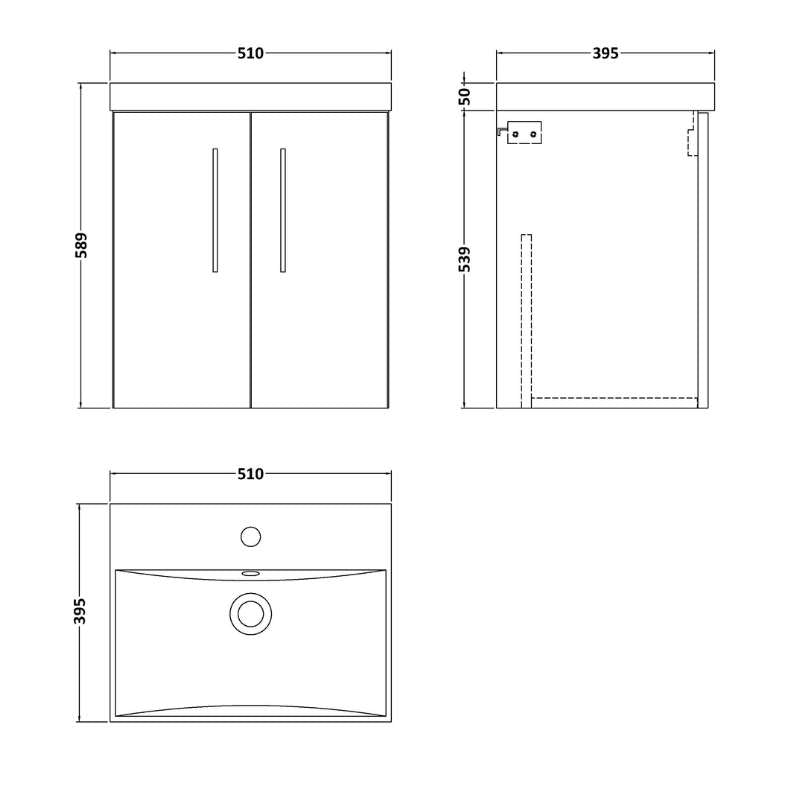 Nuie Arno Wall Hung 2 Door Vanity & Basin 3 (1 size, 8 colours) - Brand New Bathrooms