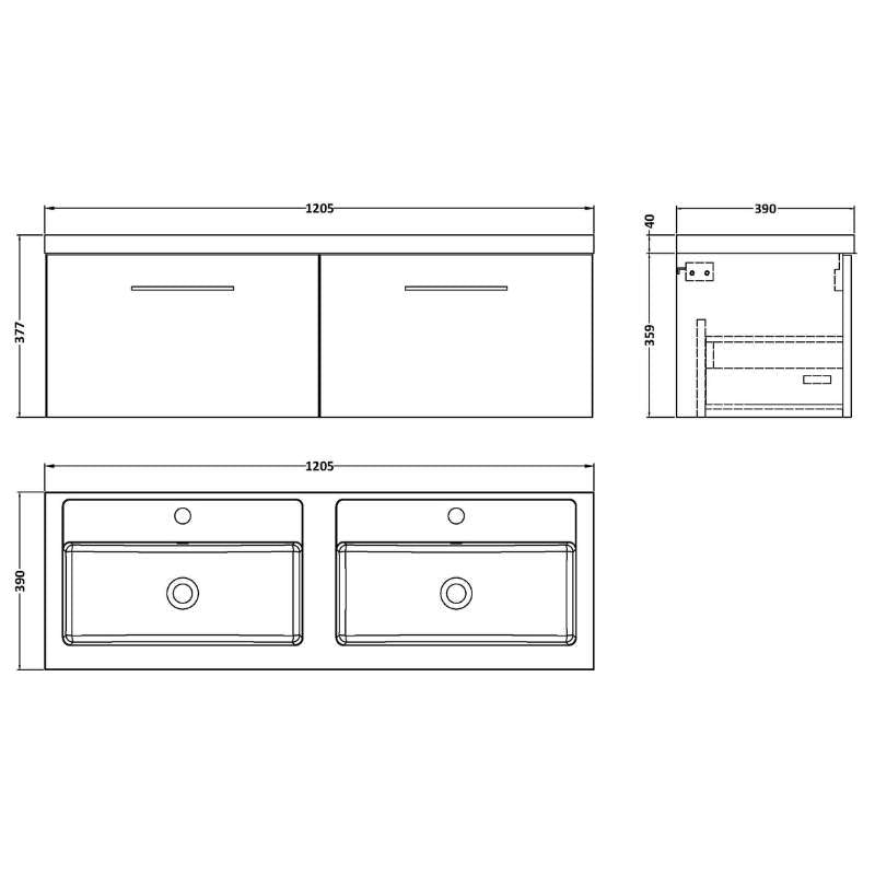 Nuie Arno Wall Hung 2 Drawer Vanity & Double Basin (1 size, 9 colours) - Brand New Bathrooms