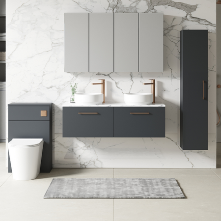 Nuie Arno Wall Hung 2-Drawer Vanity & Laminate Worktop (1 size, Soft Black) - Brand New Bathrooms