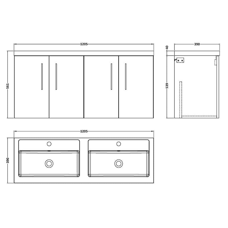 Nuie Arno Wall Hung 4-Door Vanity & Double Basin (2 sizes, 8 colours) - Brand New Bathrooms