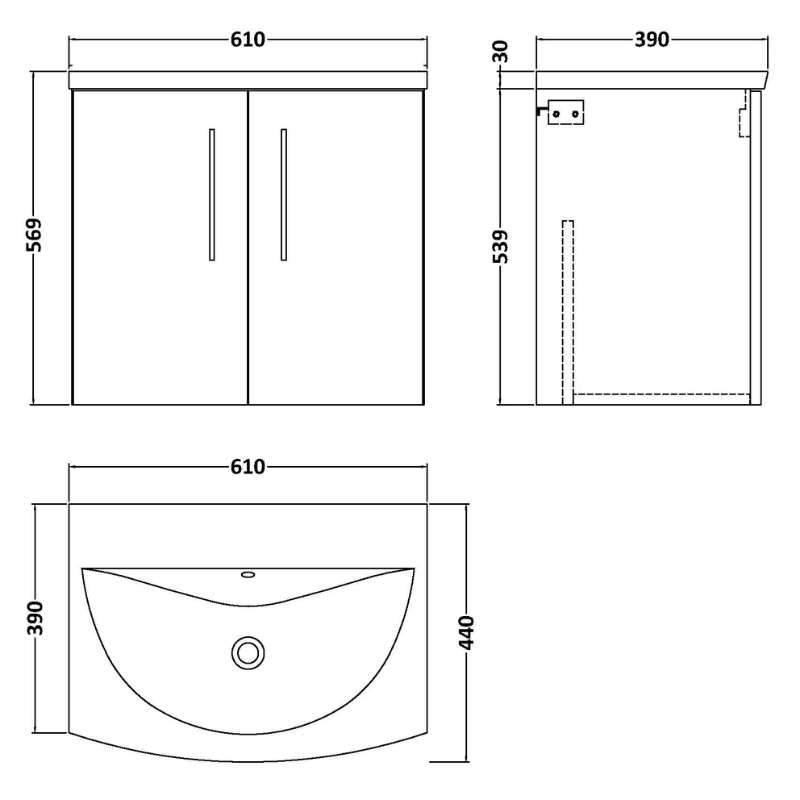 Nuie Arno Wall Hung 2-Door Vanity & Curved Basin (1 size, 8 colours) - Brand New Bathrooms