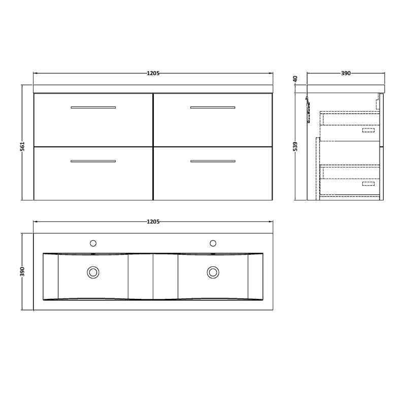Nuie Arno Wall Hung 4 Drawer Vanity & Double Basin (1 size, 9 colours) - Brand New Bathrooms