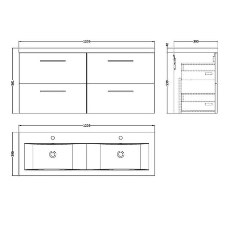 Nuie Arno Wall Hung 4 Drawer Vanity & Double Basin (1 size, 9 colours) - Brand New Bathrooms