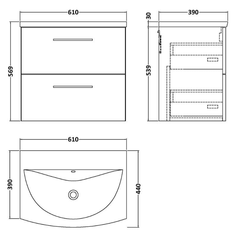 Nuie Arno Wall Hung 2 Drawer Vanity & Basin 4 (1 size, 9 colours) - Brand New Bathrooms