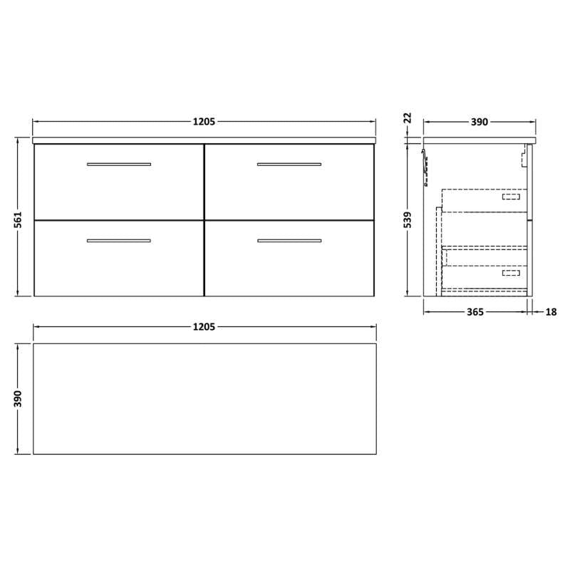 Nuie Arno Wall Hung 4-Drawer Vanity & Laminate Worktop (1 size, 8 colours) - Brand New Bathrooms