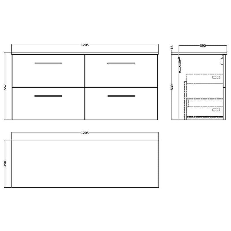 Nuie Arno Wall Hung 4 Drawer Vanity & Worktop (1 size, 9 colours) - Brand New Bathrooms