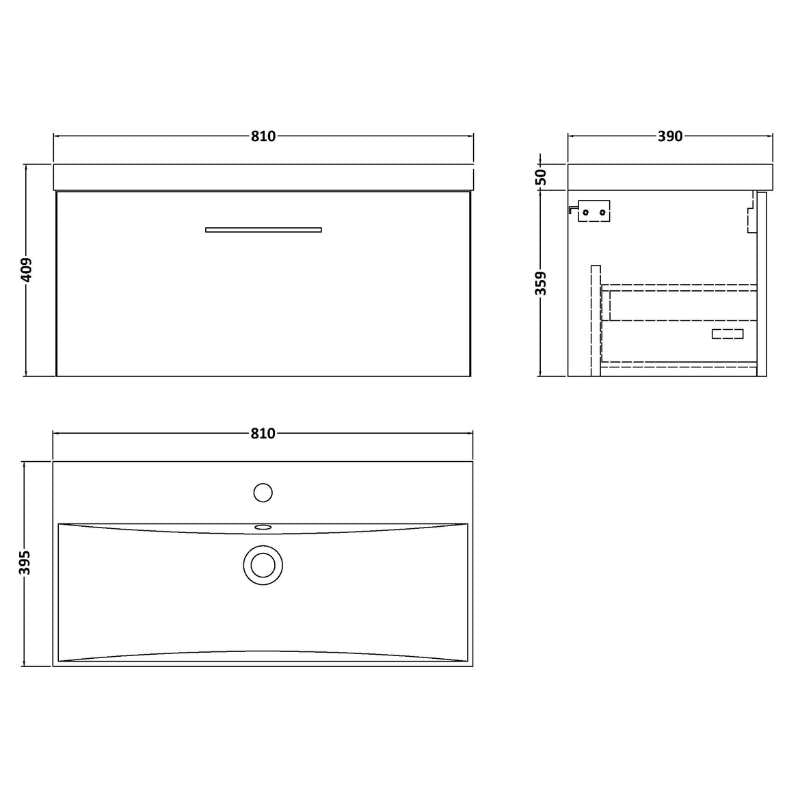 Nuie Arno Wall Hung 1 Drawer Vanity & Basin 3 (1 size, 9 colours) - Brand New Bathrooms