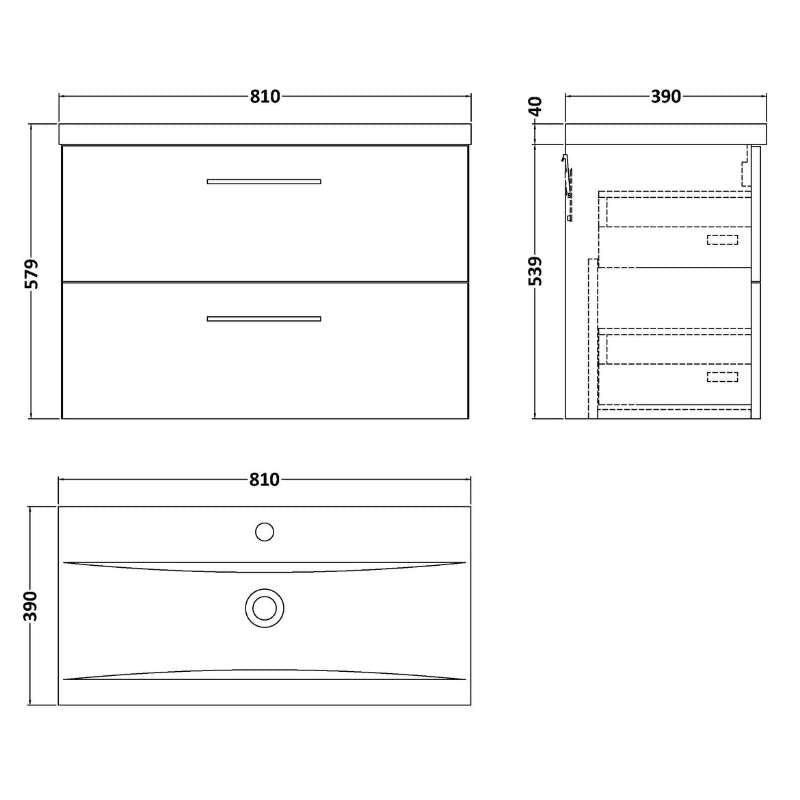 Nuie Arno Wall Hung 2 Drawer Vanity & Basin 1 (1 size, 9 colours) - Brand New Bathrooms