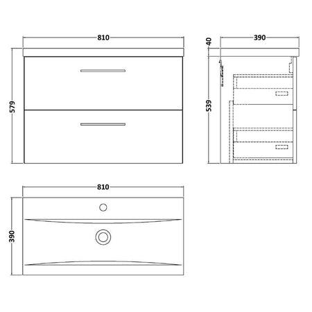 Nuie Arno Wall Hung 2 Drawer Vanity & Basin 1 (1 size, 9 colours) - Brand New Bathrooms